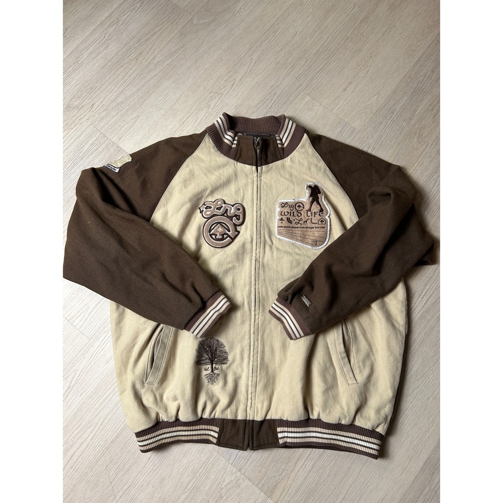 Vintage LRG Varsity Jacket Elephant Graphic Brown Beige XXXL Y2K Streetwear Zip
